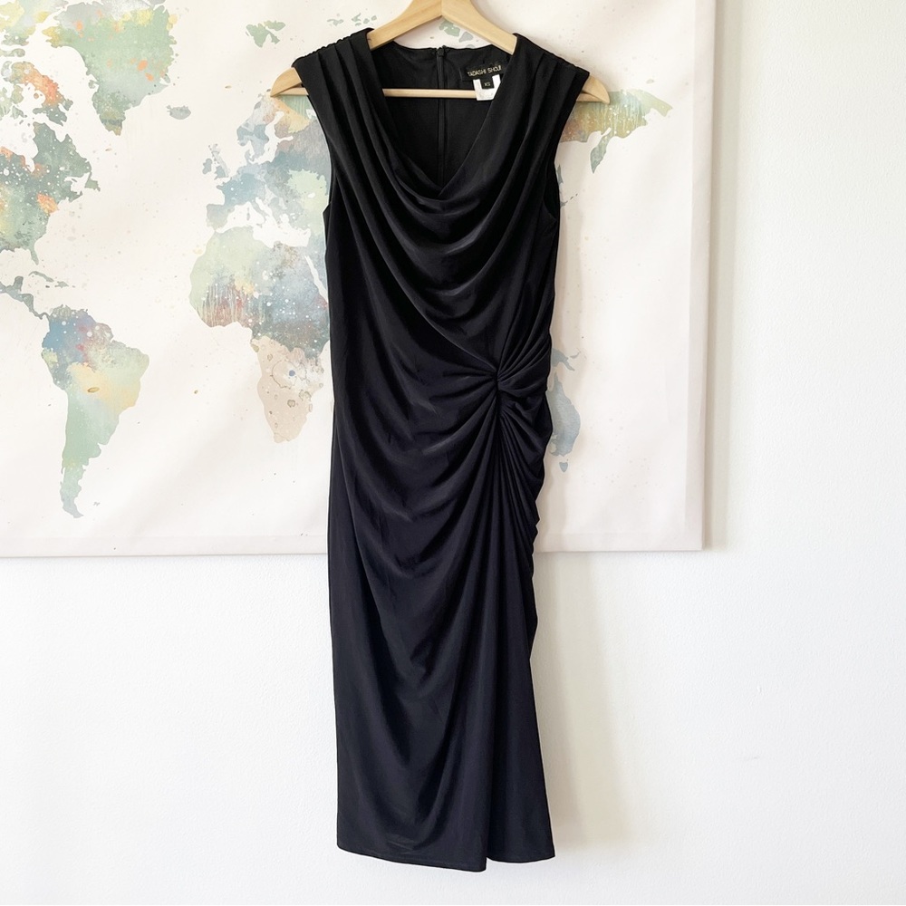 Tadashi Shoji Dress Black Sleeveless Bodycon Size XS Ruched Midi Cowl Neck LBD‎